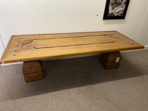 coffee table - old javanese teak door - fans/1/2moon - 2 block feet/legs - 65.5"x24.5"x19.5"