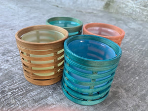 SET OF 4 - bamboo wrap /glass t-light holder - assorted colours