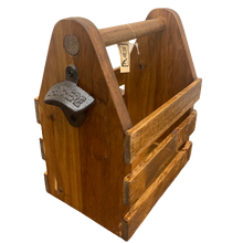 Load image into Gallery viewer, caddy - beer/pop bottles - golden oak stain - vintage cast iron opener