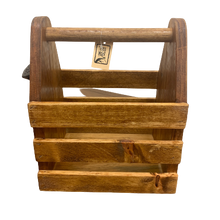 Load image into Gallery viewer, caddy - beer/pop bottles - golden oak stain - vintage cast iron opener