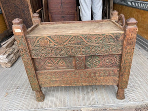 swat valley - dowry box/trunk/table - green flower - 4 finials - 30"L x 27"H x 17"xD