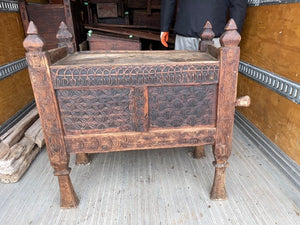 swat valley - dowry chest - 4 finials - slide side handle - 41"Lx43"Hx19.5"xD - mountain cedar