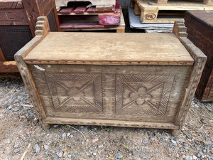 swat valley - dowry trunk - 2 carved flowers w/ lid -  28"L x 11"H x 17"xD - mountain cedar