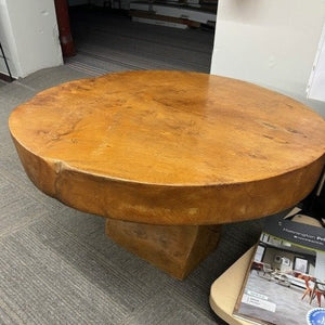 coffee table - thick round teak slab - (root 7594a) - pedestal base - 37" x 4.5"(thick) x20"H