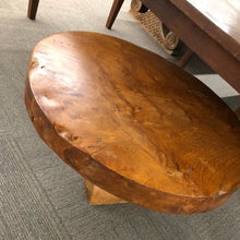 Load image into Gallery viewer, coffee table - thick round teak slab - (root 7594a) - pedestal base - 37&quot; x 4.5&quot;(thick) x20&quot;H
