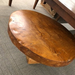 coffee table - thick round teak slab - (root 7594a) - pedestal base - 37" x 4.5"(thick) x20"H