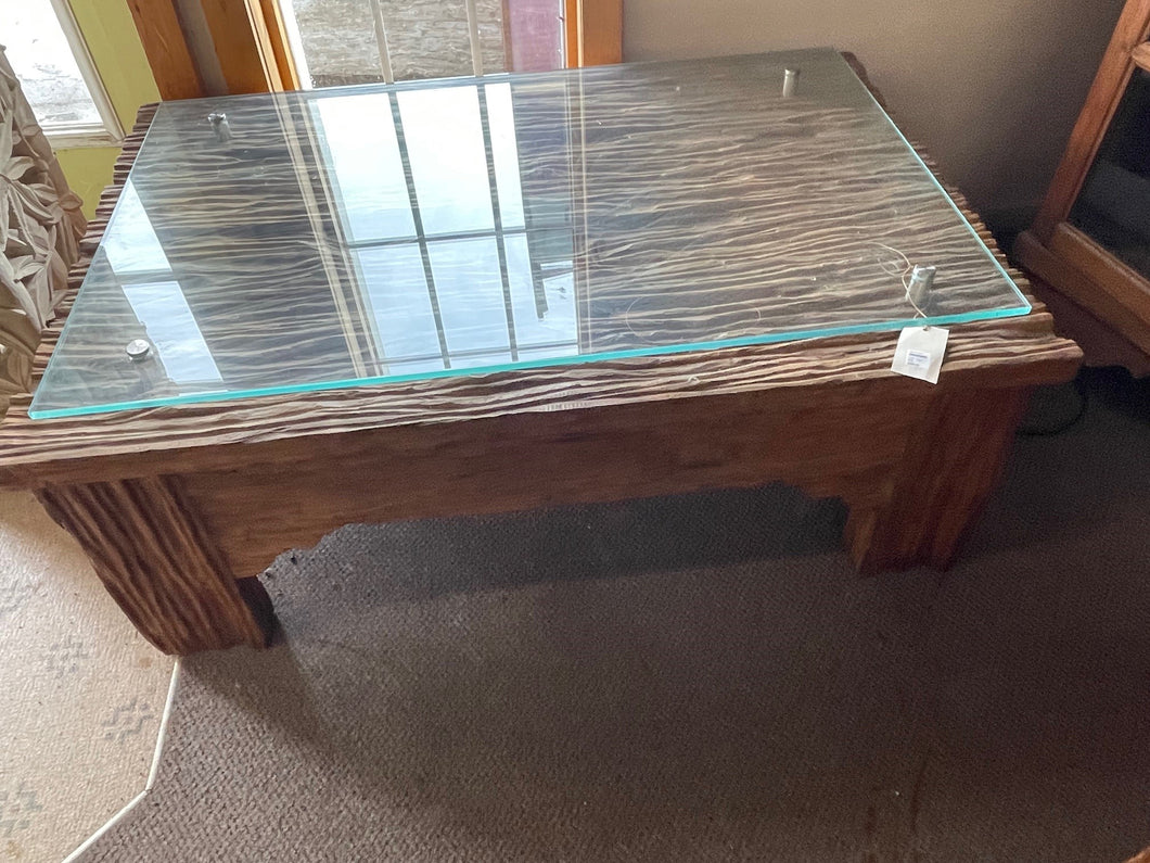 coffee table w/ glass - metal studs - teakwood - rustic/erosi - 120x80x44cm