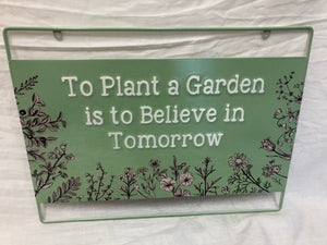sign - plant a garden to believe in tomorrow - metal - 11.75"x15.5"