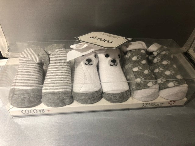 baby - socks - 3-pair in box - grey polar bear - coco