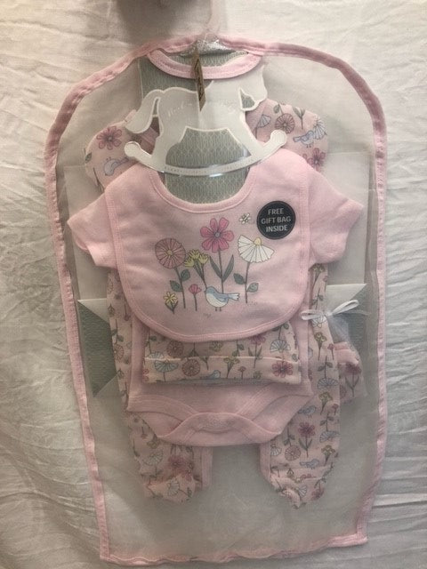 baby - 5pc set - pink - floral theme - 100% cotton