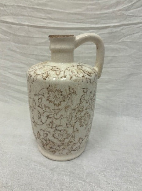 vase - ceramic - vintage crackled motif beige floral w/ handle - 10.25