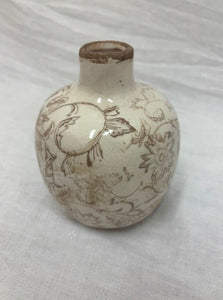 vase - ceramic - vintage crackled motif beige floral - small/squat - 4.75"