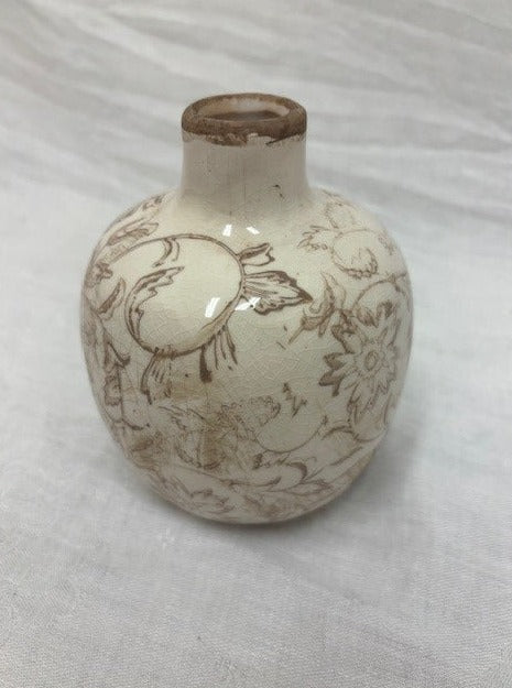 vase - ceramic - vintage crackled motif beige floral - small/squat - 4.75