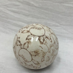 ball - ceramic - vintage crackled motif beige floral w/ handle - 4.5"