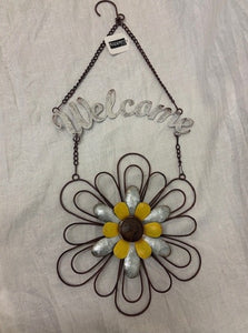 hanging - welcome w/ large flower - yellow - metal