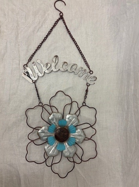 hanging - welcome w/ large flower - blue - metal