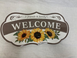 plaque - friends & family welcome - sunflowers - tin - 15.5"x7.75"