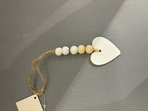 hanging wood heart w/ white/natual wood beads - small - 5"