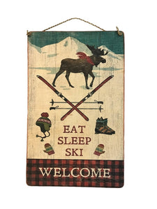 sign - welcome - eat/sleep/ski w/moose - 40x25cm