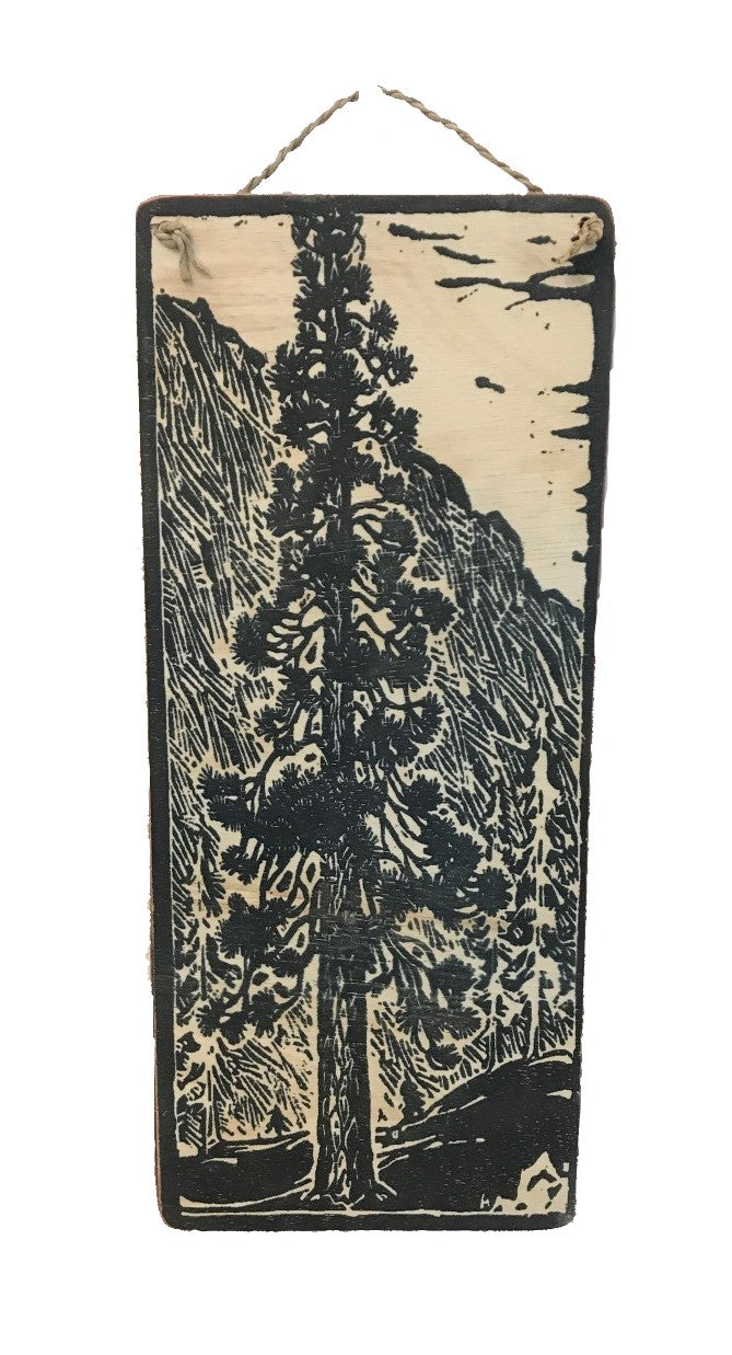 sign - pine tree - black & white - with mountainside - 35x15cm