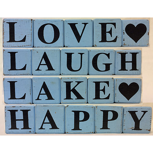 block - 4 SIDED - happy/love/lake/laugh - blue/black