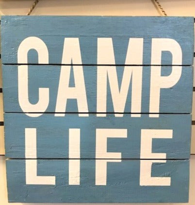 sign - 'CAMP LIFE' - 40X40cm -  light blue/white NWS