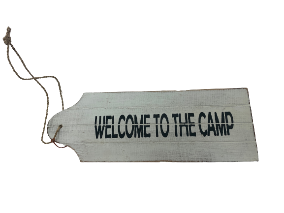 door sign (tag) - welcome to the camp - whitewash distress