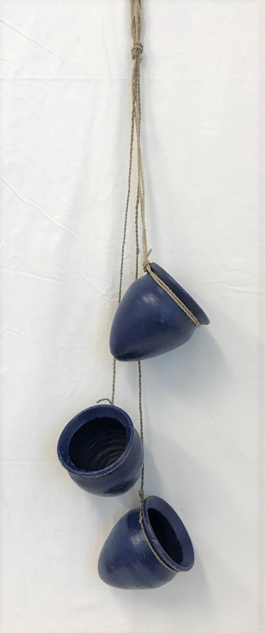 terracotta pot - set of 3 - blue - succulent plant hanging - 12x10cm