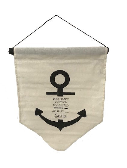affirmation flag - anchor - you can't control the wind - white/black - 50x35