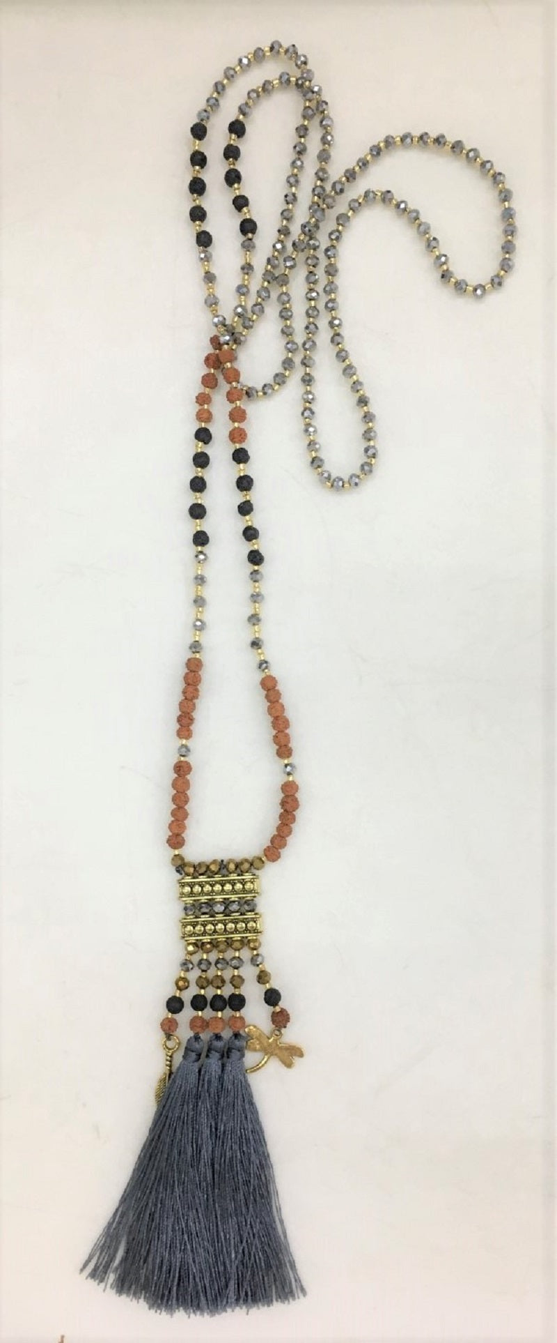 necklace - grey - crystal/mala/gold square - long