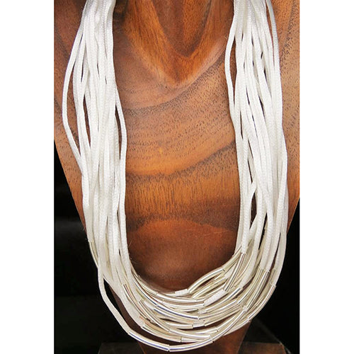 necklace - silk strings - white - long metal beads
