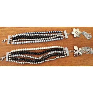 bracelet - pearl bead - white/black - crystal