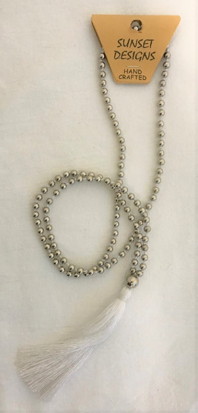 necklace - white - silver ball bead w/ string tassle