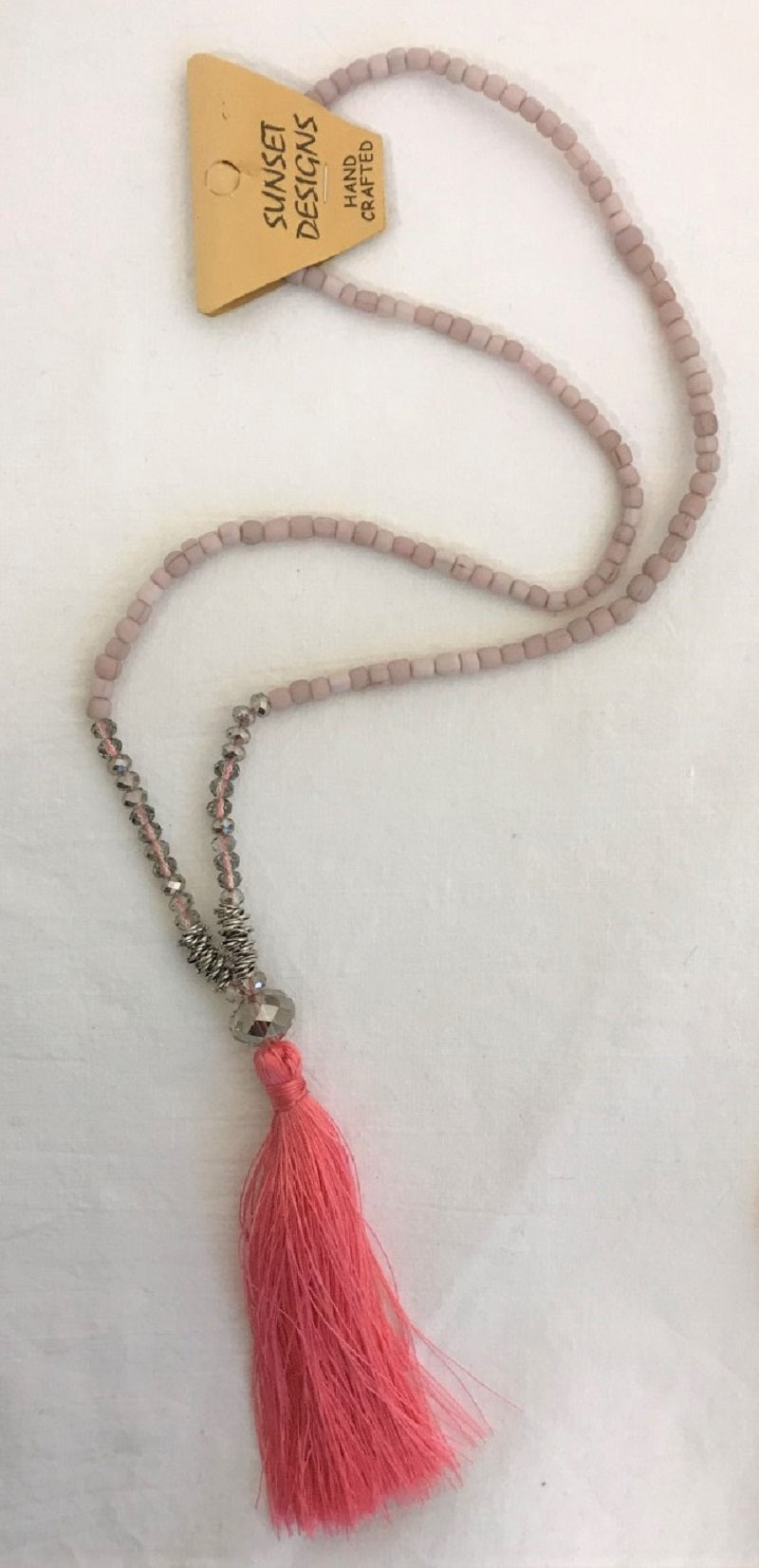 necklace - light pink - crystal beads clear & metal ring beads - light pink bead & tassle