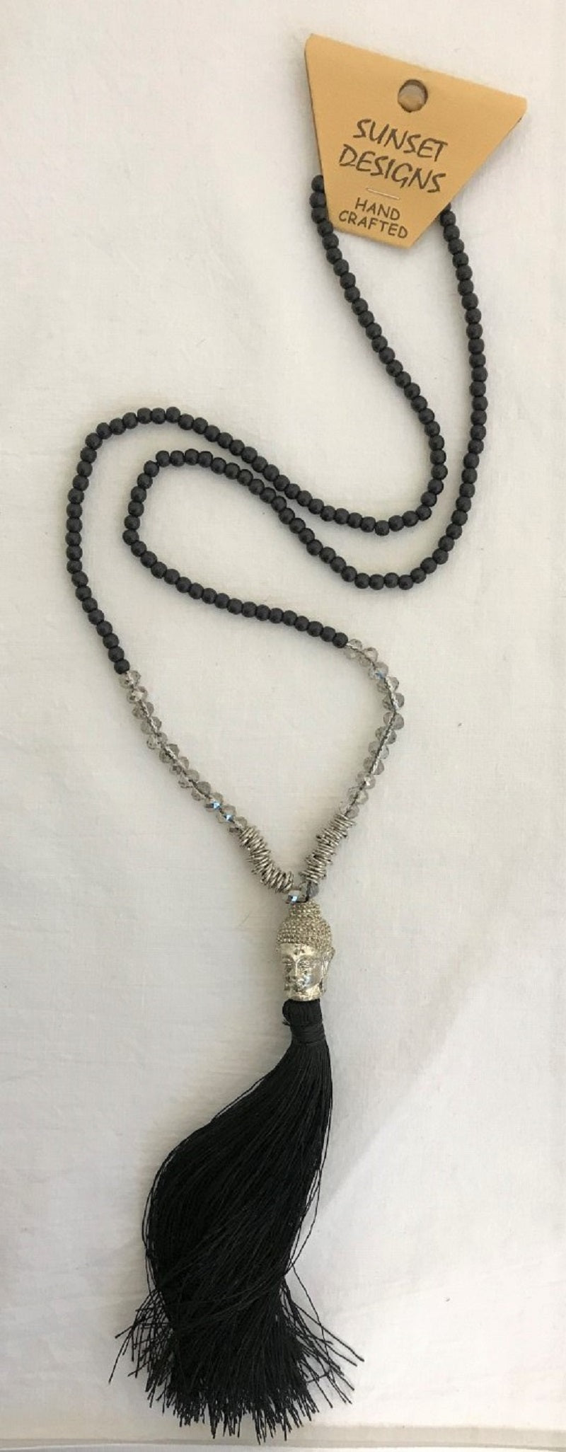 necklace - black - silver budha head - clear crystal/metal ring beads - string tassle