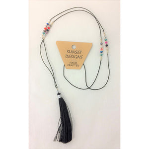 necklace - black - crystal bead - string tassle