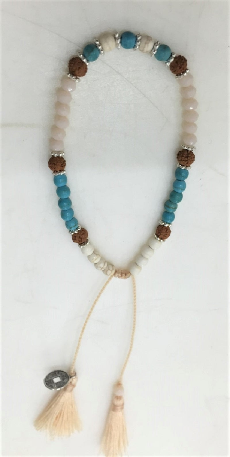 bracelet - pull tie - crystal/stone - turq/cream/brown