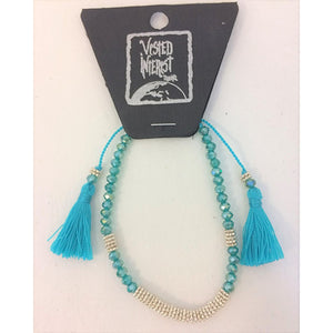 bracelet - crystal bead - turquoise - w/ silver bead - pull tie