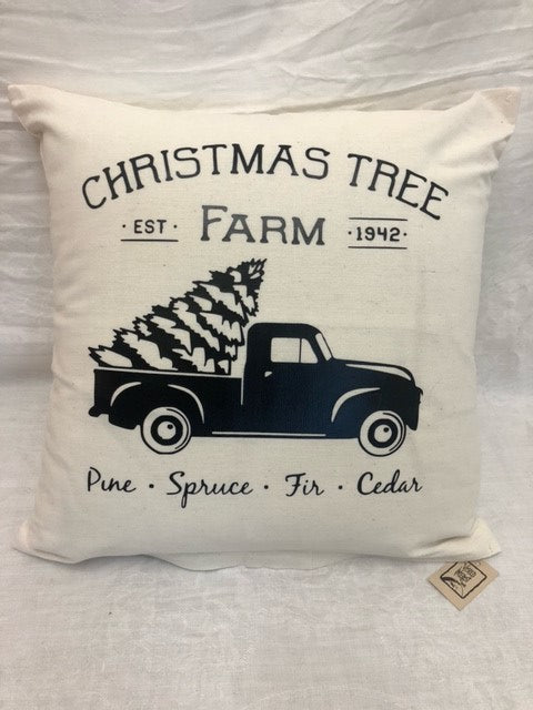 cushion - JK - xmas - white - 'truck/christmas tree farm' - 40cm - complete w/ insert