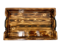Load image into Gallery viewer, serving tray - pine - burnt accent clear coat/metal handles - 12&quot;x3&quot;x18&quot; - non slip grip bottom
