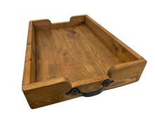 Load image into Gallery viewer, serving tray - pine - golden oak/metal handles - 12&quot;x3&quot;x18&quot; - non slip grip bottom
