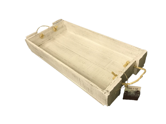 t&p - long timber rectangular tray with rope handles - white - 26Lx11x4