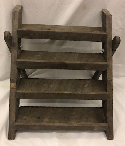 t&p - LOCALLY MADE - timber folding display with 4 shelves - STAINED - 23Lx18w