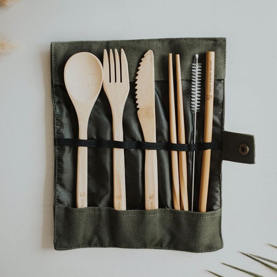 zero waste - green - travel bamboo utensil set w/ pouch