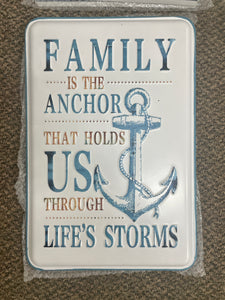 sign - family is an anchor that holds us - 14x14" - tin