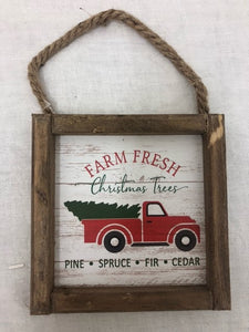 sign - holiday - farm fresh christmas trees - 6"x6" - rope