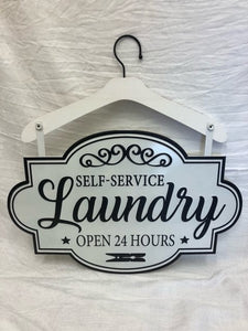 sign - self service laundry open 24 hours w/ hanger - 22'x21.5"