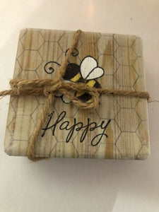 coaster - set of 4 - bees - bee happy - 4"
