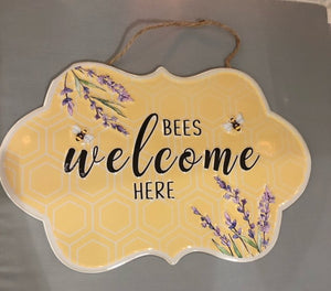 sign - bees welcome here - yellow tin/lavender - 12'x8"