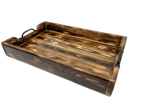serving tray - pine - burnt accent clear coat/metal handles - 12